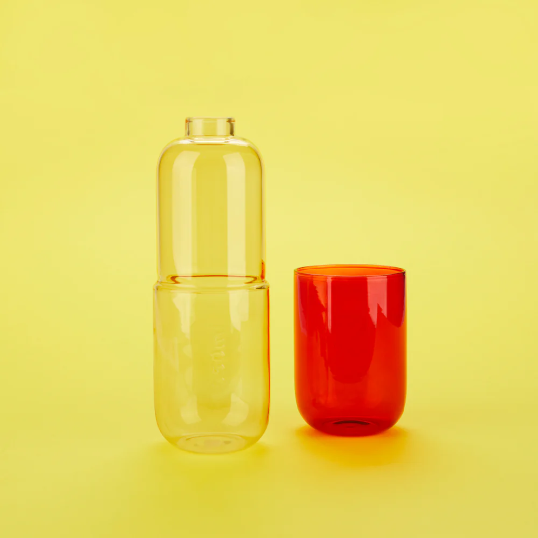 Water Pill Bottle & Glass | Red & Yellow