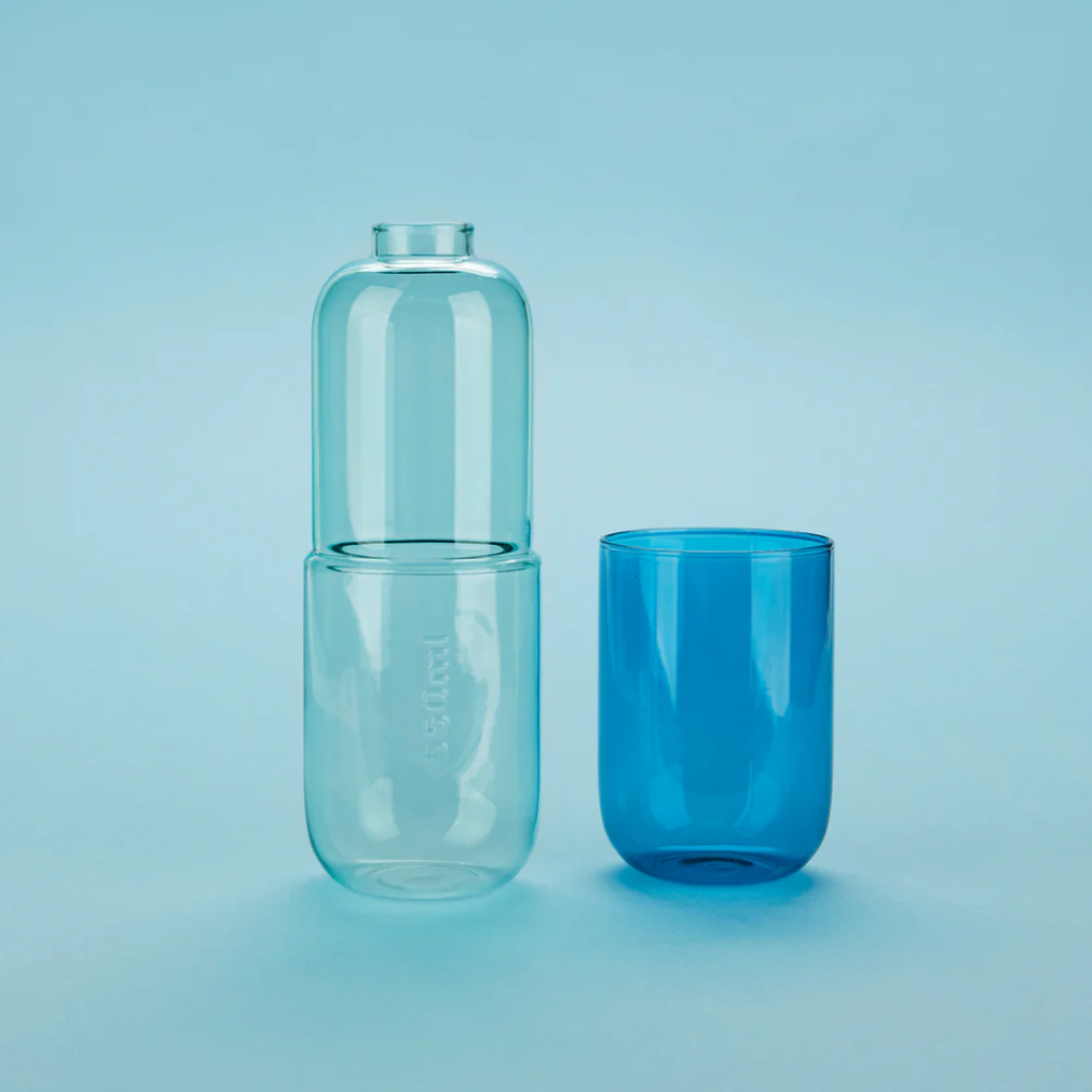Water Pill Bottle & Glass | Blue