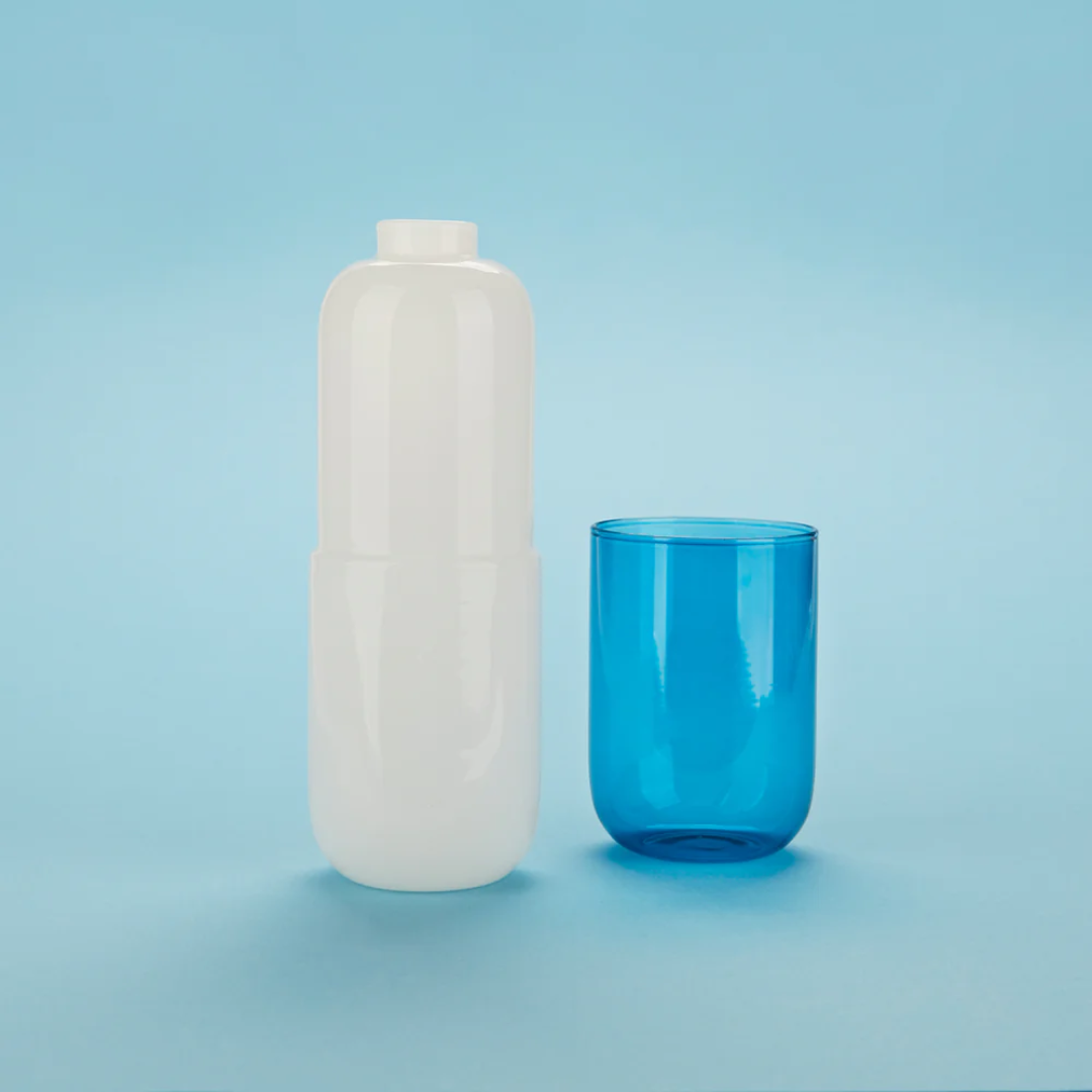 Water Pill Bottle & Glass | Blue & White